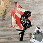 Red Rising Sun Samurai Print One Shoulder Bodysuit