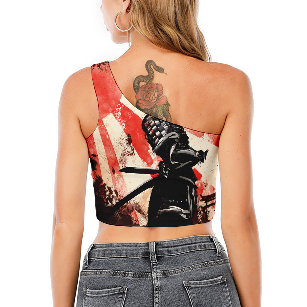 Red Rising Sun Samurai Print One Shoulder Crop Top