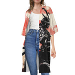Red Rising Sun Samurai Print Open Front Beach Cover Up