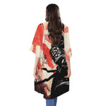 Red Rising Sun Samurai Print Open Front Beach Cover Up