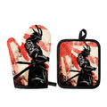 Red Rising Sun Samurai Print Oven Mitt And Pot Holder Set