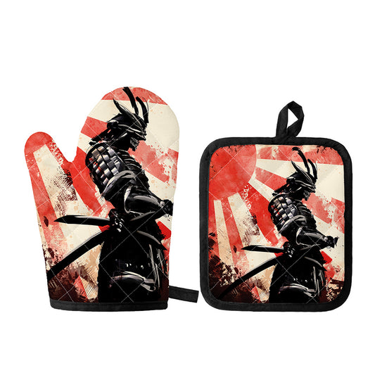 Red Rising Sun Samurai Print Oven Mitt And Pot Holder Set