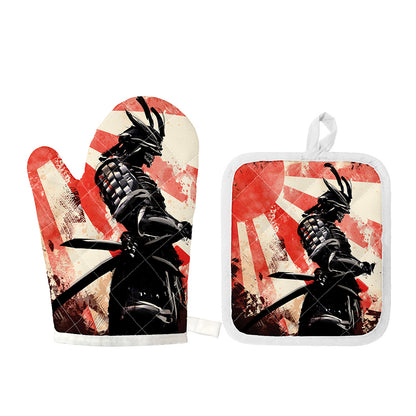 Red Rising Sun Samurai Print Oven Mitt And Pot Holder Set
