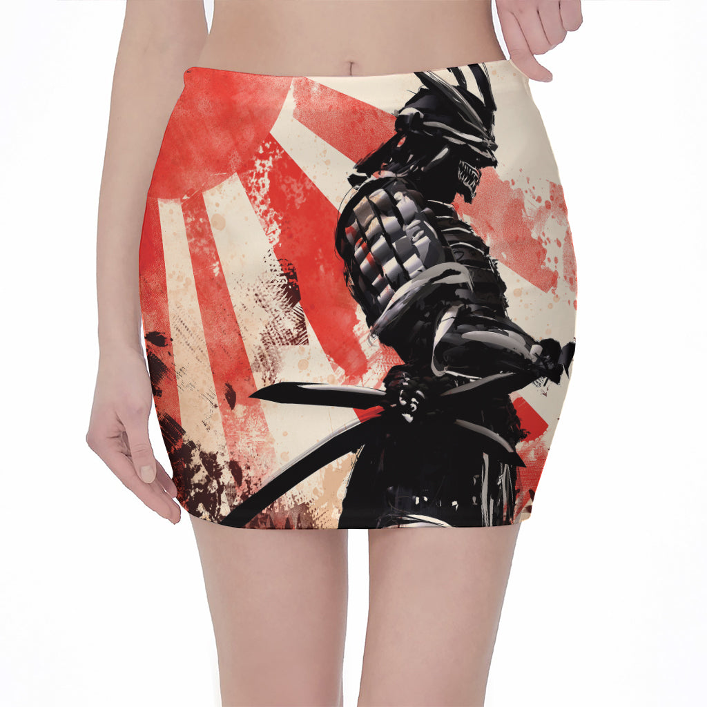 Red Rising Sun Samurai Print Pencil Mini Skirt