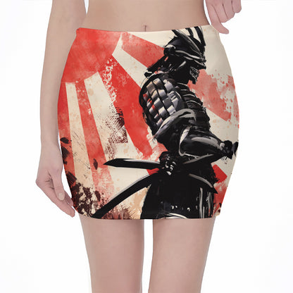 Red Rising Sun Samurai Print Pencil Mini Skirt