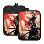 Red Rising Sun Samurai Print Pot Holders With Pocket