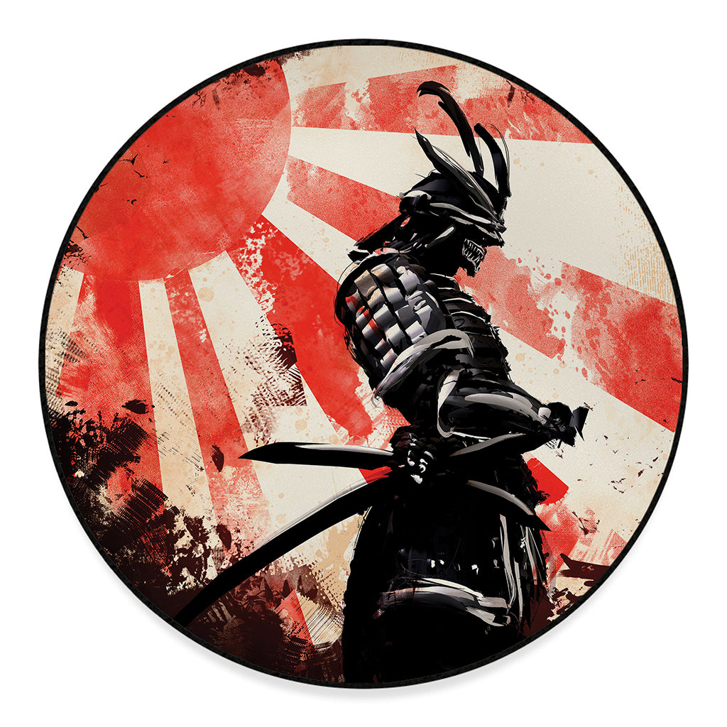 Red Rising Sun Samurai Print Round Floor Mat