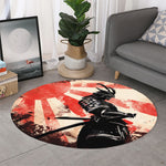 Red Rising Sun Samurai Print Round Rug