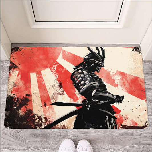 Red Rising Sun Samurai Print Rubber Doormat