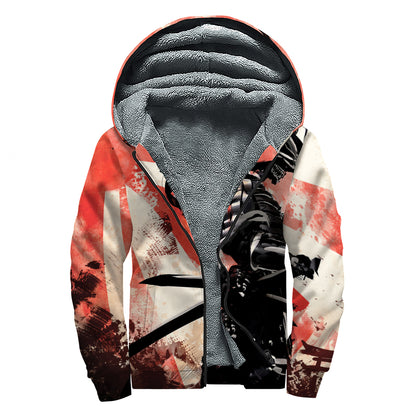 Red Rising Sun Samurai Print Sherpa Lined Zip Up Hoodie