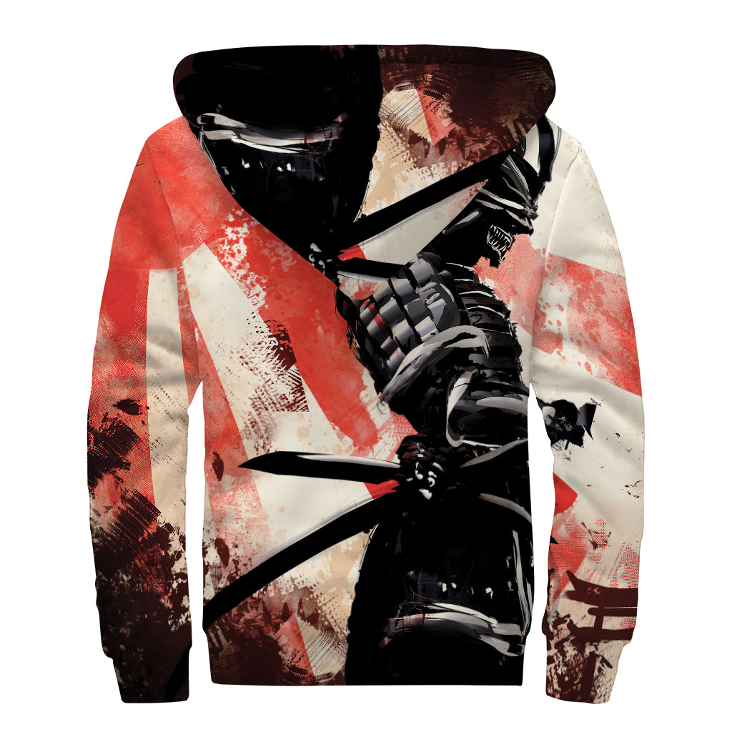 Red Rising Sun Samurai Print Sherpa Lined Zip Up Hoodie
