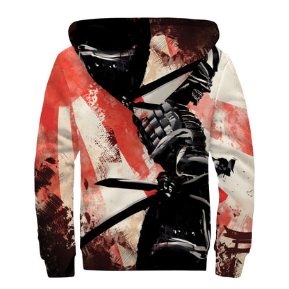 Red Rising Sun Samurai Print Sherpa Lined Zip Up Hoodie