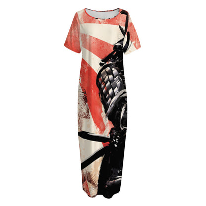 Red Rising Sun Samurai Print Short Sleeve Long Nightdress