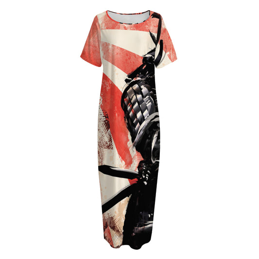 Red Rising Sun Samurai Print Short Sleeve Long Nightdress