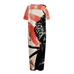 Red Rising Sun Samurai Print Short Sleeve Long Nightdress