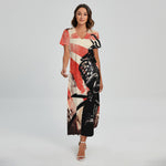 Red Rising Sun Samurai Print Short Sleeve Maxi Dress