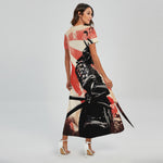 Red Rising Sun Samurai Print Short Sleeve Maxi Dress