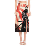 Red Rising Sun Samurai Print Side Slit Midi Skirt