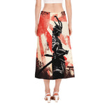 Red Rising Sun Samurai Print Side Slit Midi Skirt
