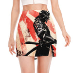 Red Rising Sun Samurai Print Side Slit Mini Skirt