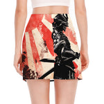 Red Rising Sun Samurai Print Side Slit Mini Skirt