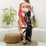 Red Rising Sun Samurai Print Silk V-Neck Kaftan Dress