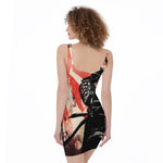 Red Rising Sun Samurai Print Sleeveless Bodycon Dress