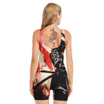 Red Rising Sun Samurai Print Sleeveless One Piece Swimsuit