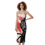 Red Rising Sun Samurai Print Slim Fit Midi Cami Dress