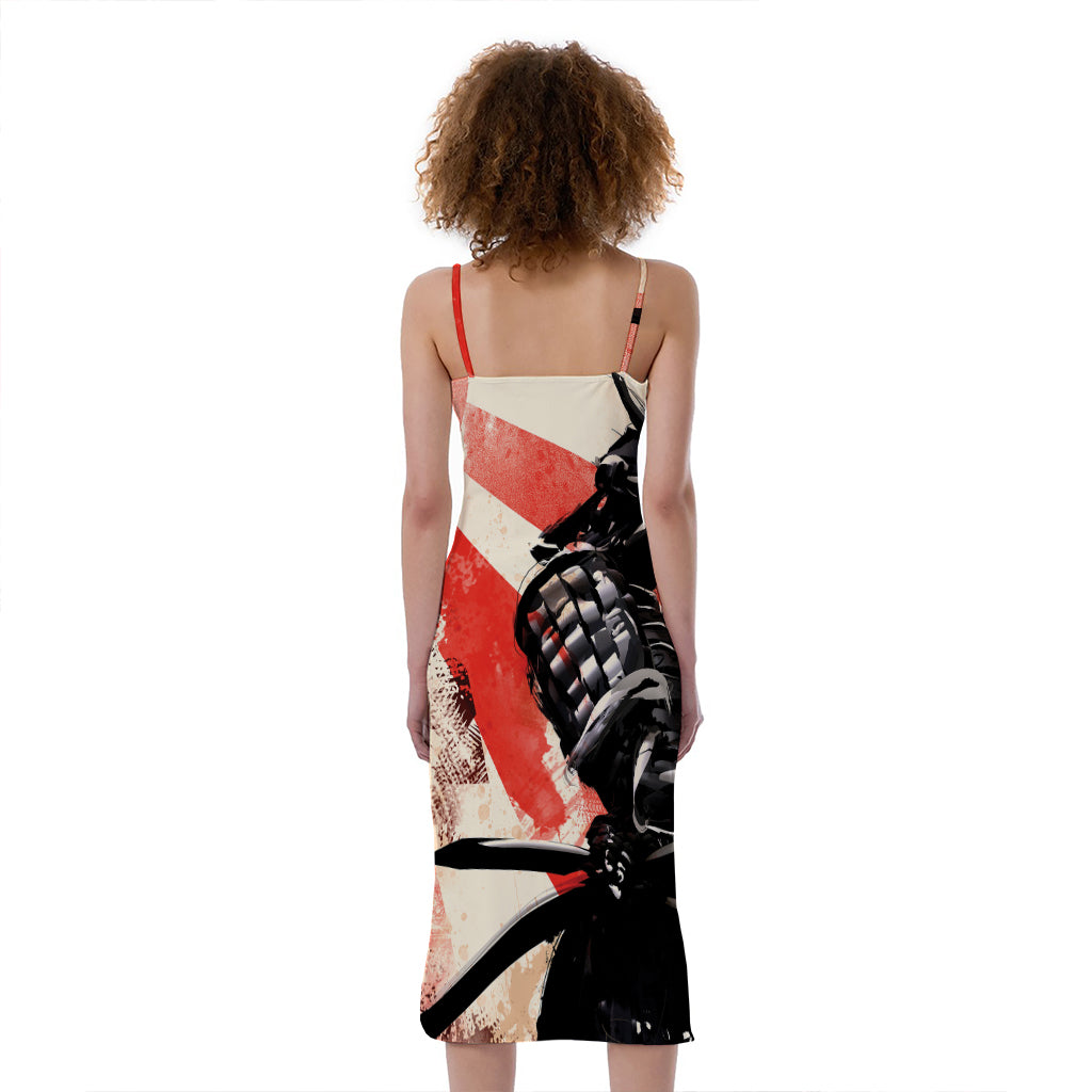 Red Rising Sun Samurai Print Slim Fit Midi Cami Dress