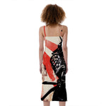 Red Rising Sun Samurai Print Slim Fit Midi Cami Dress