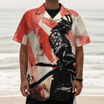 Red Rising Sun Samurai Print Textured Short Sleeve Shirt