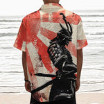 Red Rising Sun Samurai Print Textured Short Sleeve Shirt