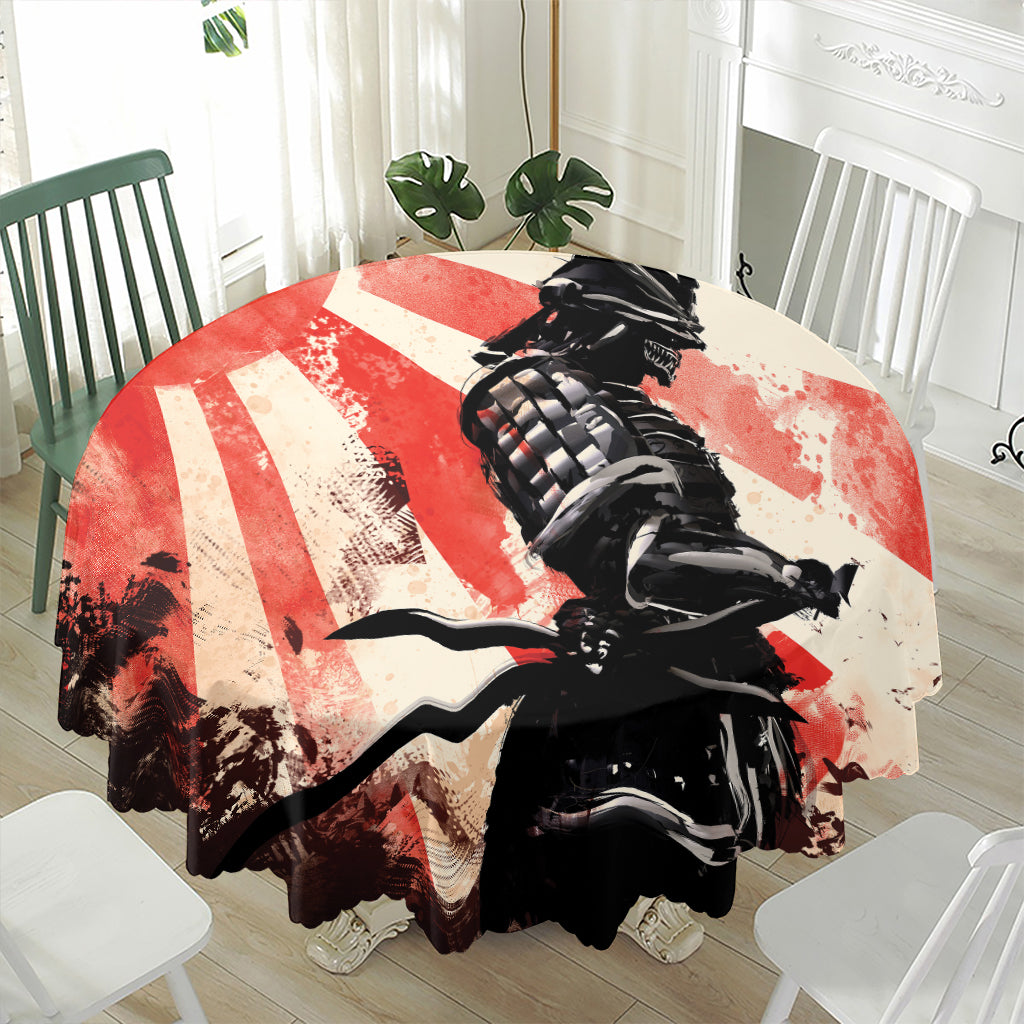 Red Rising Sun Samurai Print Waterproof Round Tablecloth