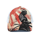 Red Rising Sun Samurai Print White Mesh Trucker Cap