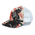 Red Rising Sun Samurai Print White Mesh Trucker Cap