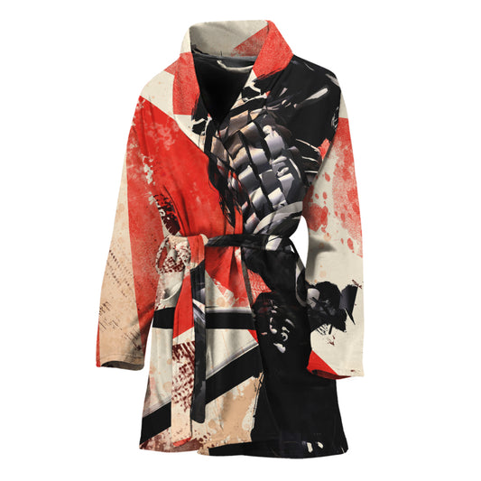 Red Rising Sun Samurai Print Women's Bathrobe