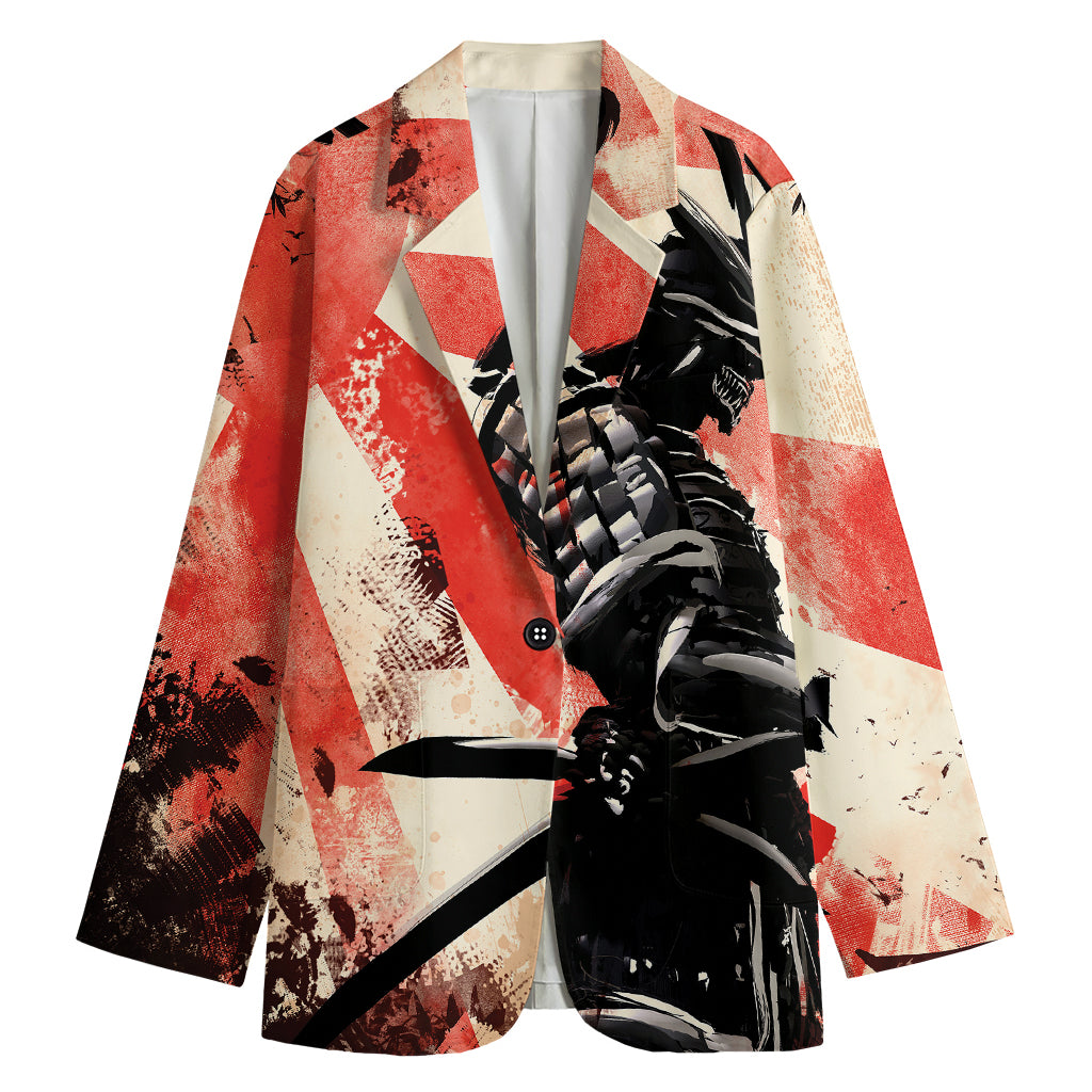 Red Rising Sun Samurai Print Women's Cotton Blazer