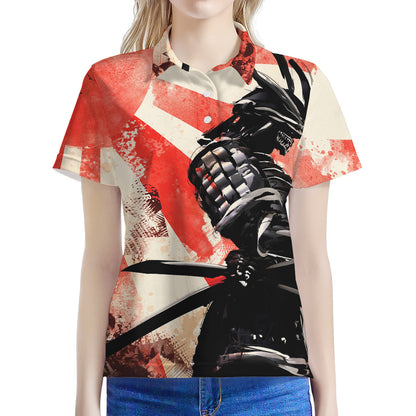 Red Rising Sun Samurai Print Women's Polo Shirt
