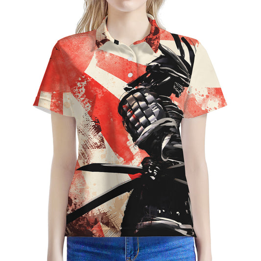 Red Rising Sun Samurai Print Women's Polo Shirt