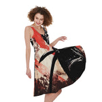 Red Rising Sun Samurai Print Women's Sleeveless Dress