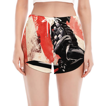 Red Rising Sun Samurai Print Women's Split Running Shorts