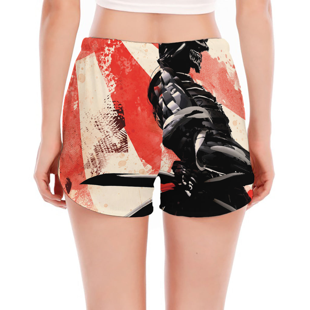 Red Rising Sun Samurai Print Women's Split Running Shorts