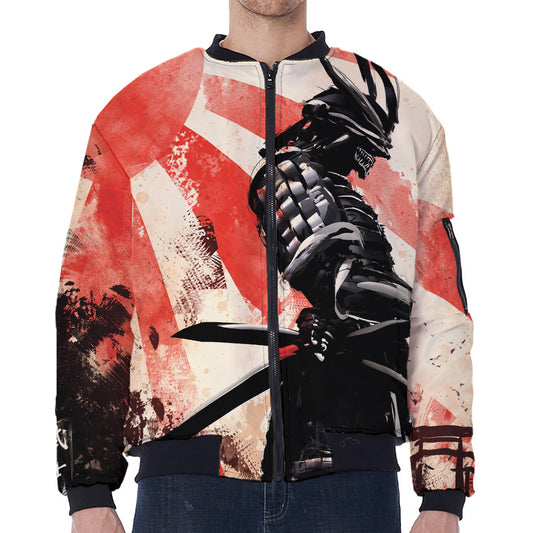 Red Rising Sun Samurai Print Zip Sleeve Bomber Jacket