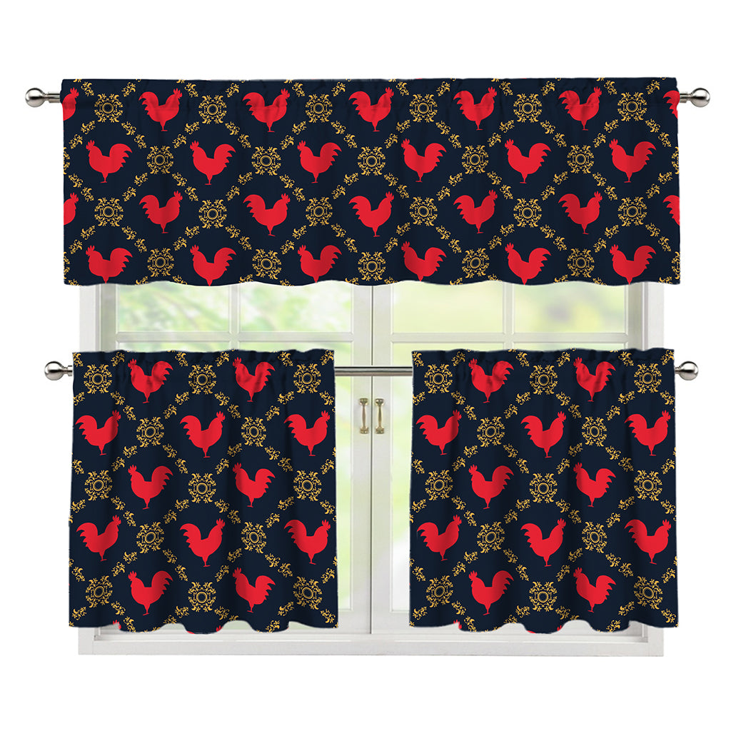 Red Rooster Pattern Print 3 Piece Kitchen Curtains
