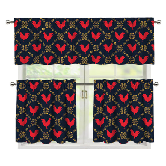 Red Rooster Pattern Print 3 Piece Kitchen Curtains
