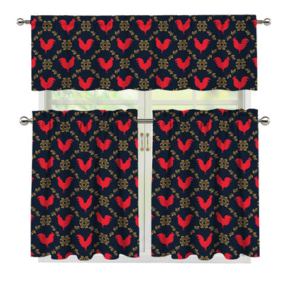 Red Rooster Pattern Print 3 Piece Kitchen Curtains