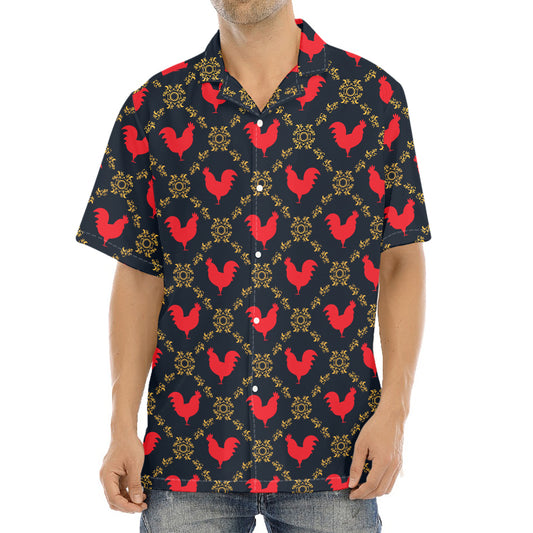 Red Rooster Pattern Print Aloha Shirt