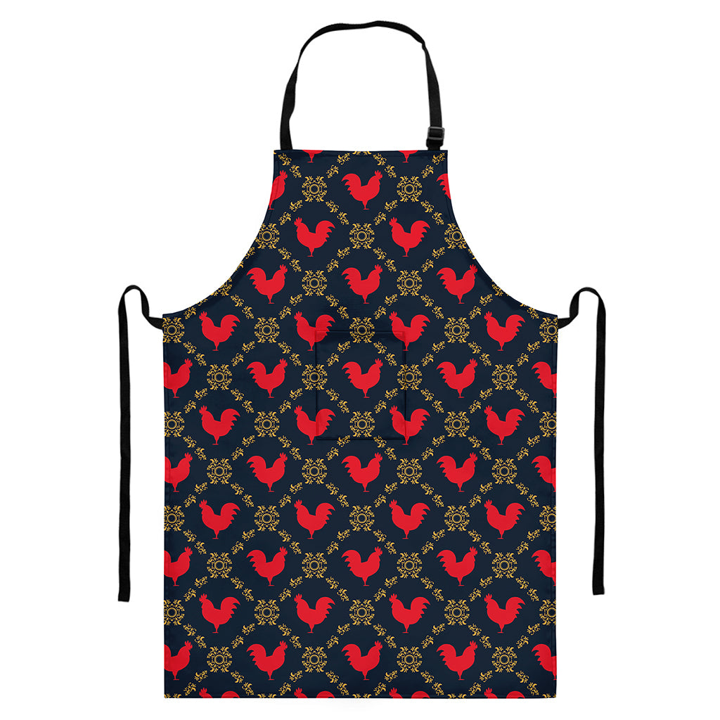 Red Rooster Pattern Print Bib Apron With Pocket