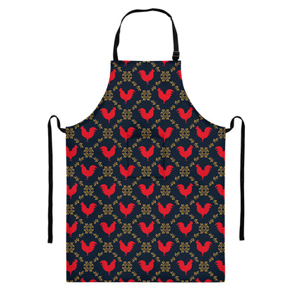 Red Rooster Pattern Print Bib Apron With Pocket